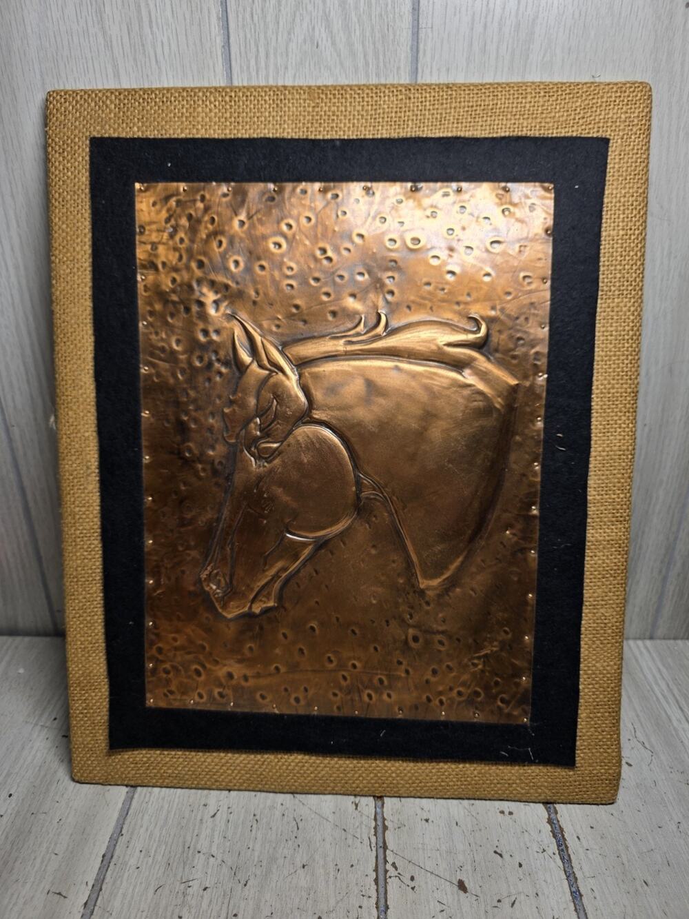 Vtg Mid Century Modern Horse Stallion Embossed Copper Relief Art On Burlap 16x13